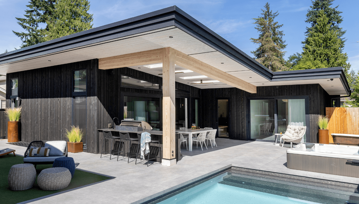 Valleyhouse exterior - backyard with pool, hot tub and outdoor living area