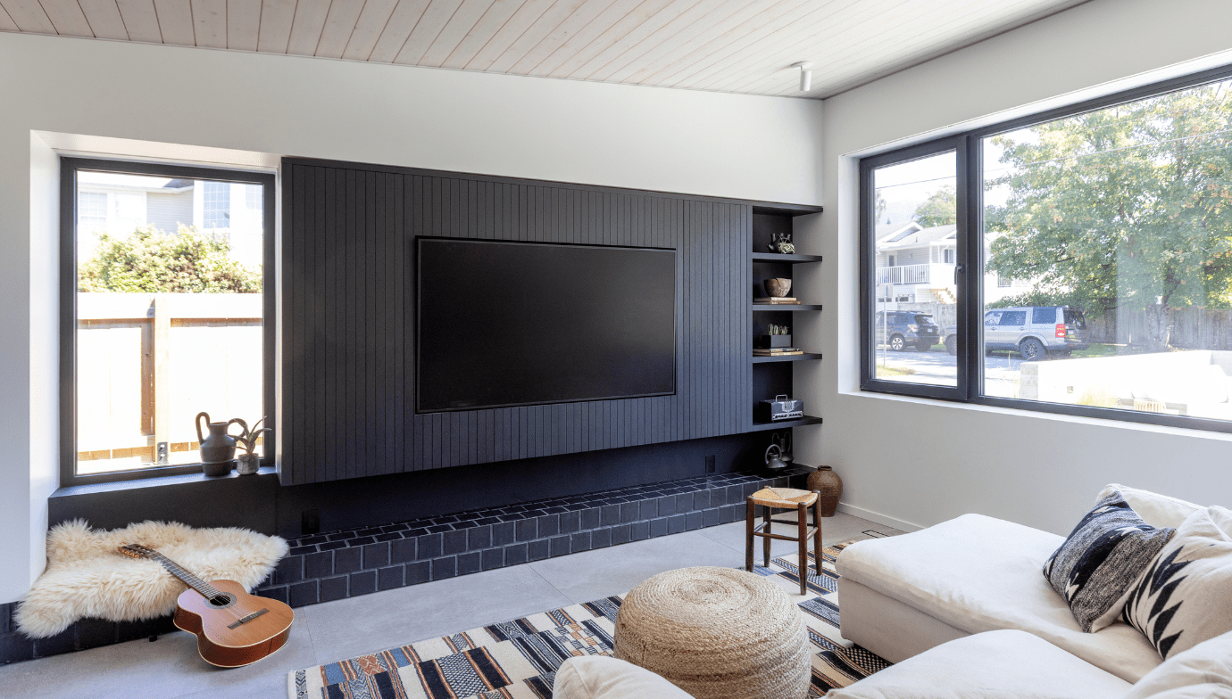 North Vancouver custom home living room with large, bright windows