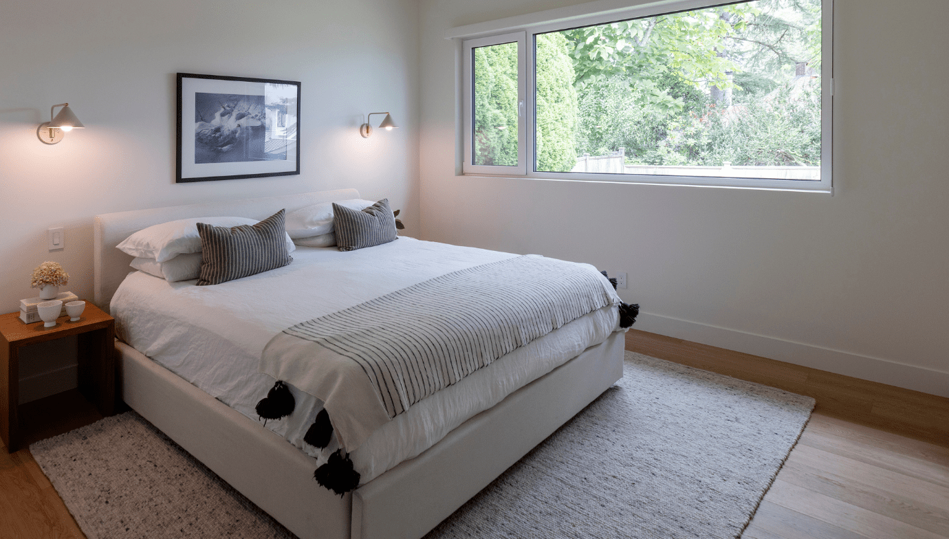 Renovated bedroom at Brightwater renovation in Deep Cove