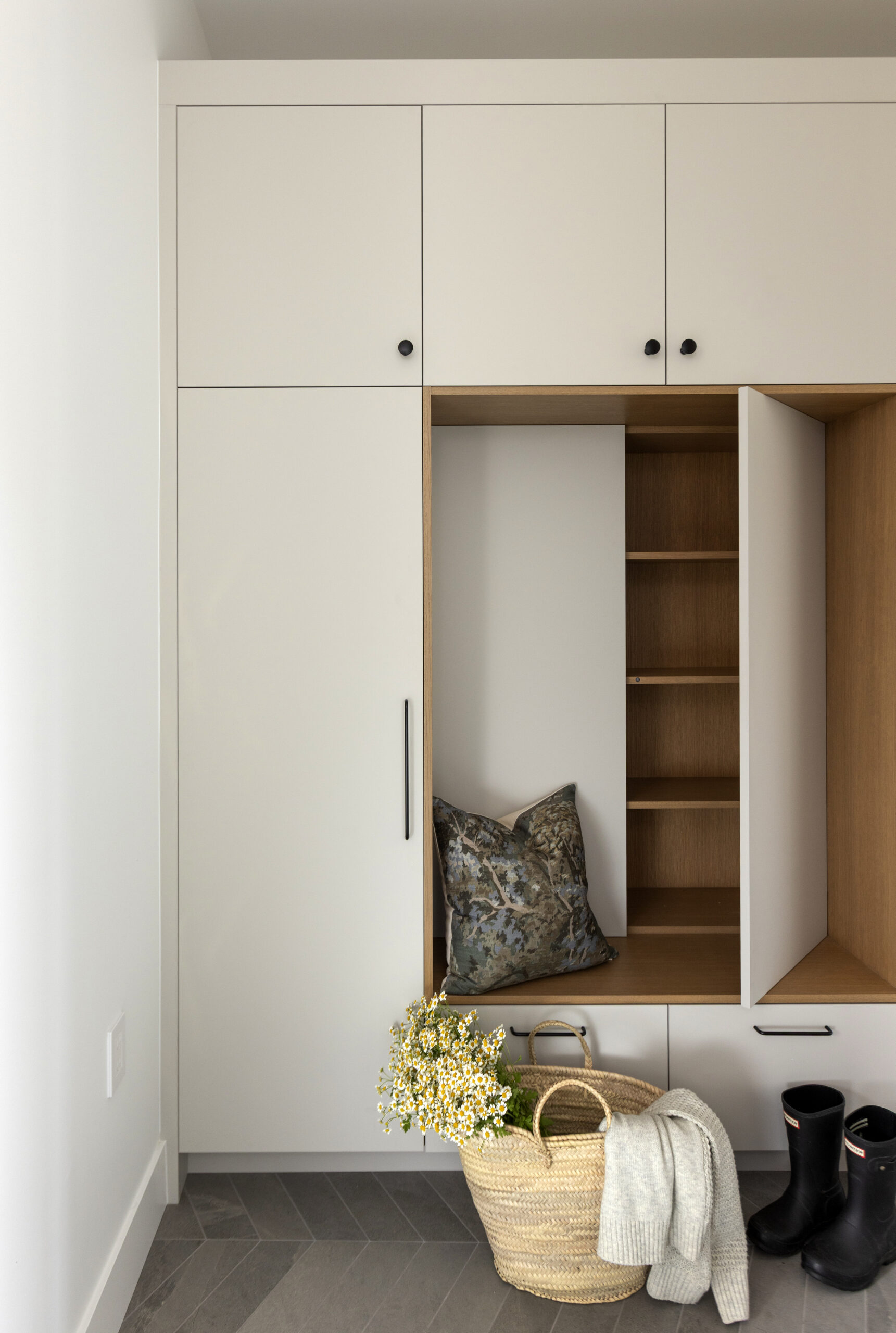 Haven (Net Zero Lifestyle) mudroom with built-in storage and bench custom home features