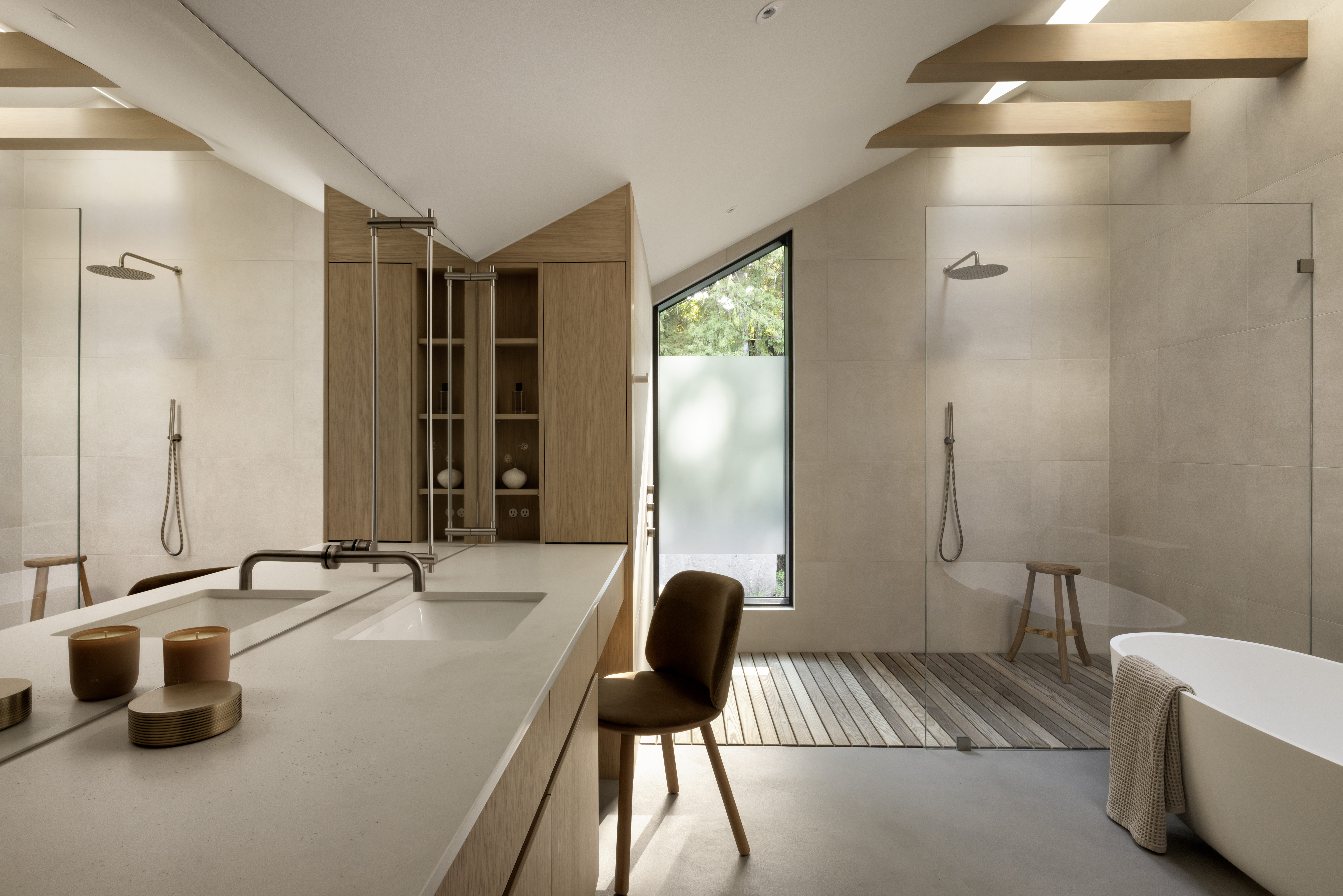 Custom home features article featured image showing Japandia custom spa-inspired bathroom