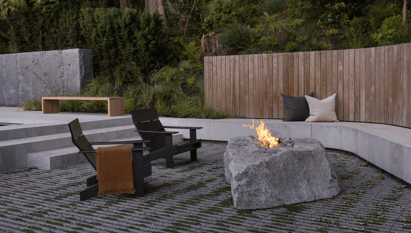 Fire pit in the backyard at Japandia custom home in Edgemont, North Vancouver