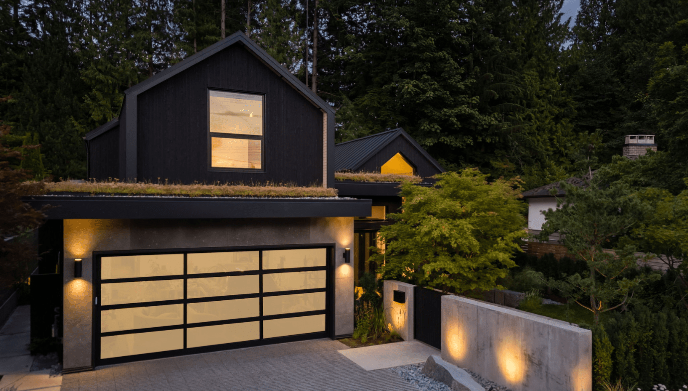 Japandia custom home front exterior at dusk