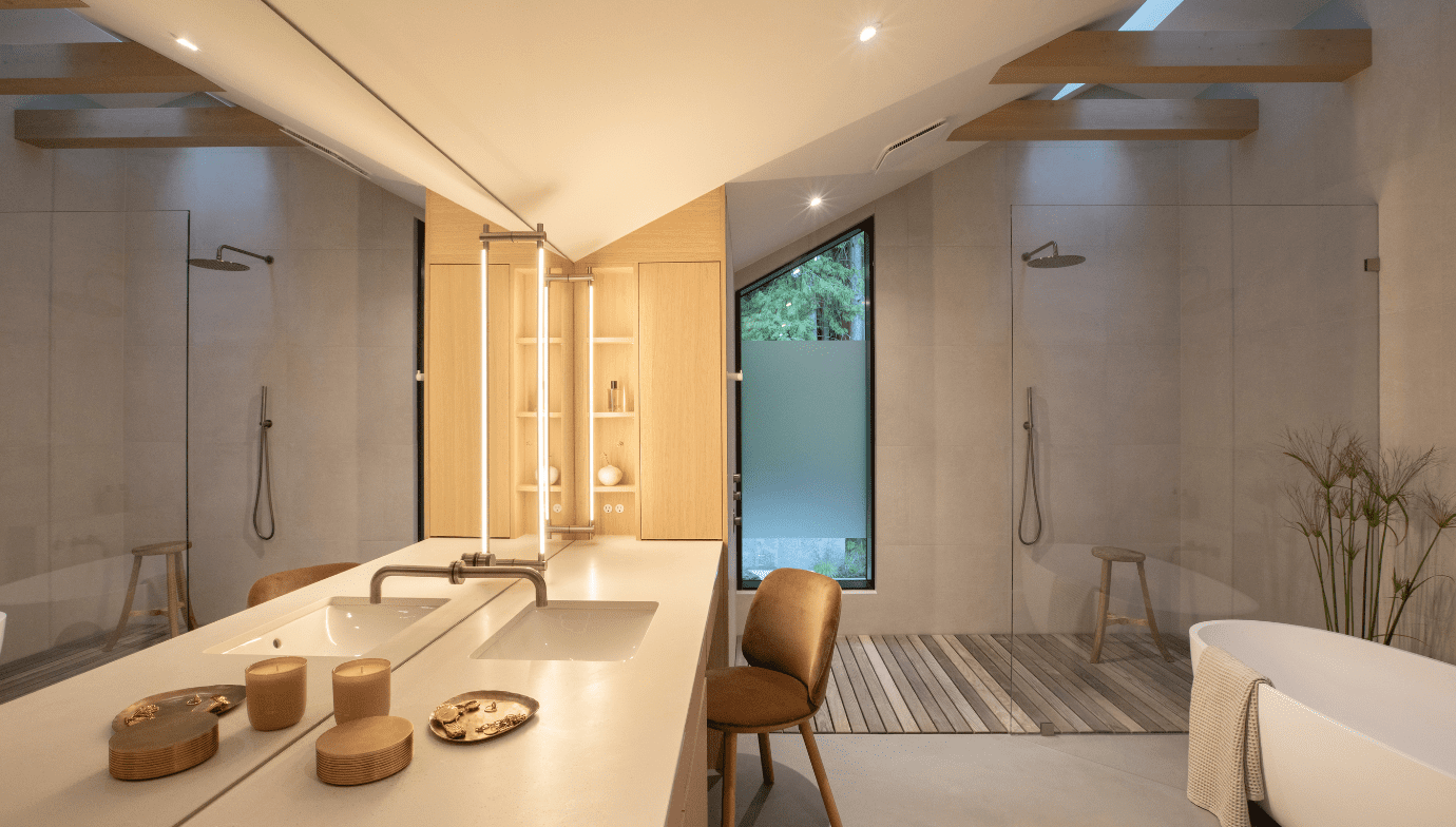 Spa-inspired custom primary ensuite at Japandia