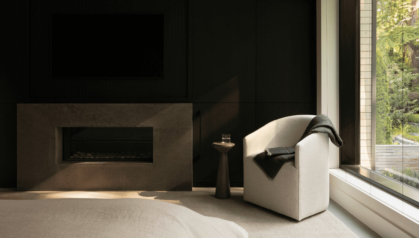 Fireplace in primary bedroom at Japandia