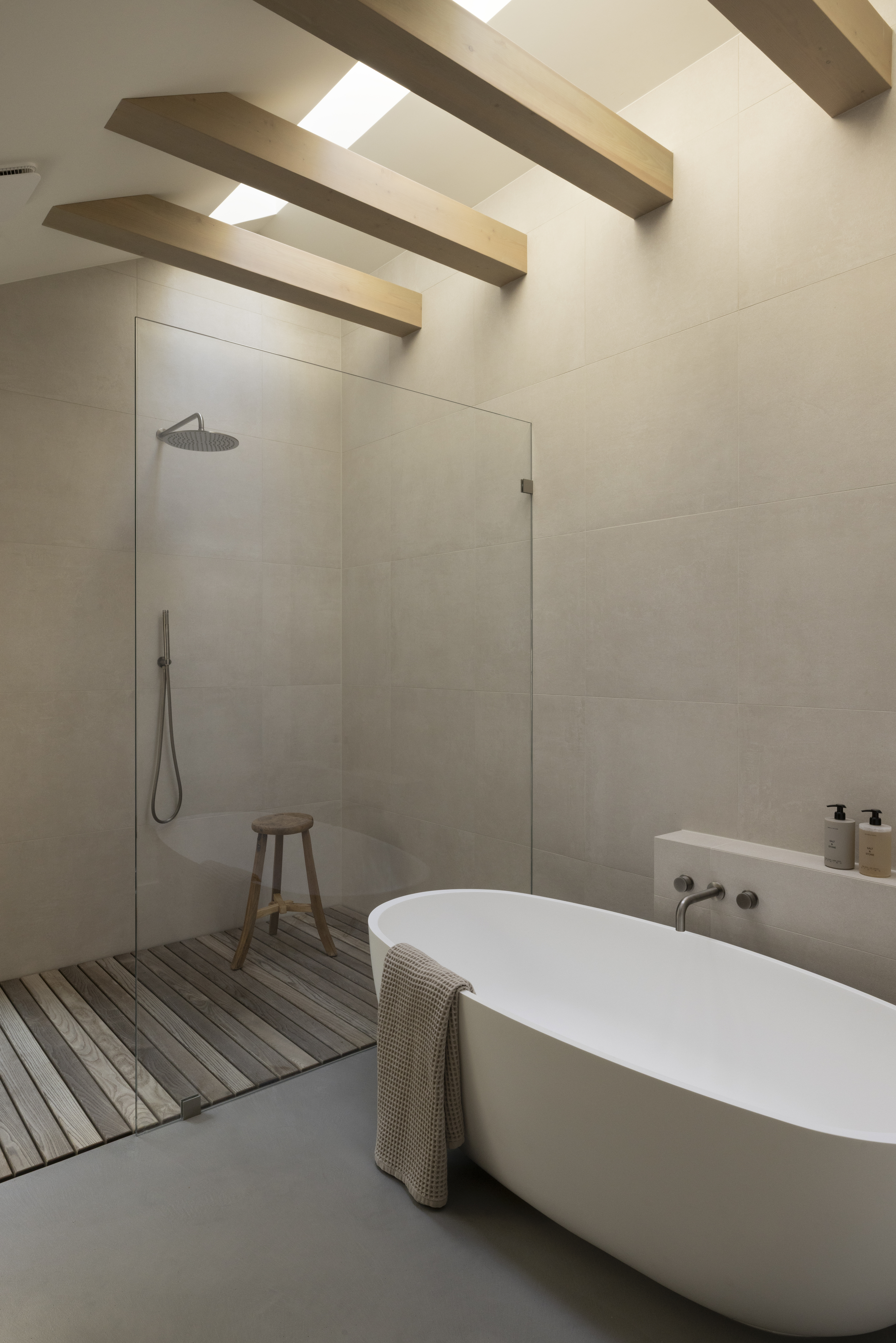 Spa-inspired bathroom custom home feature in Japandia home by Hasler Homes