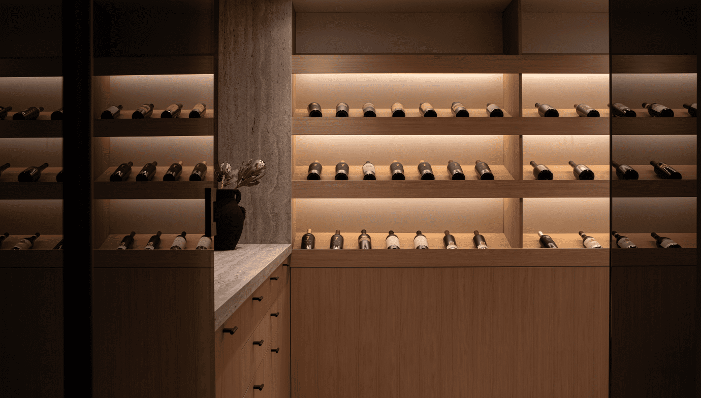 Wine room inside Japandia custom home in North Vancouver