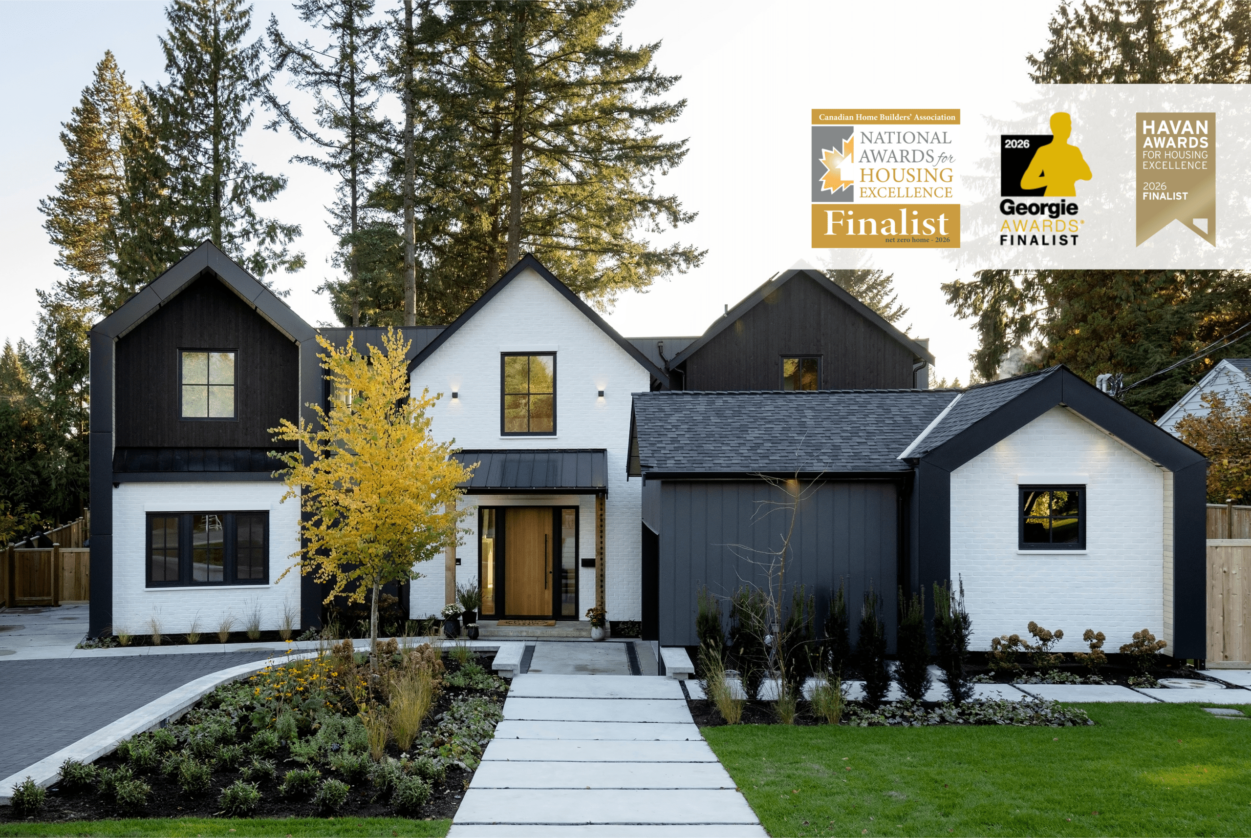 Front exterior of Haven Net Zero home built by Hasler Homes in North Vancouver with award logos