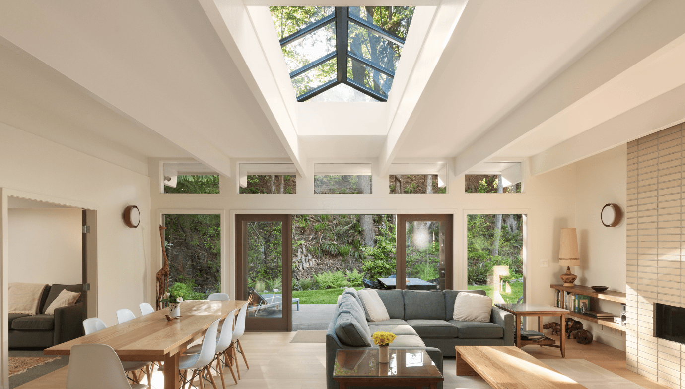Pacifica West Coast Modern home renovation great room with skylight