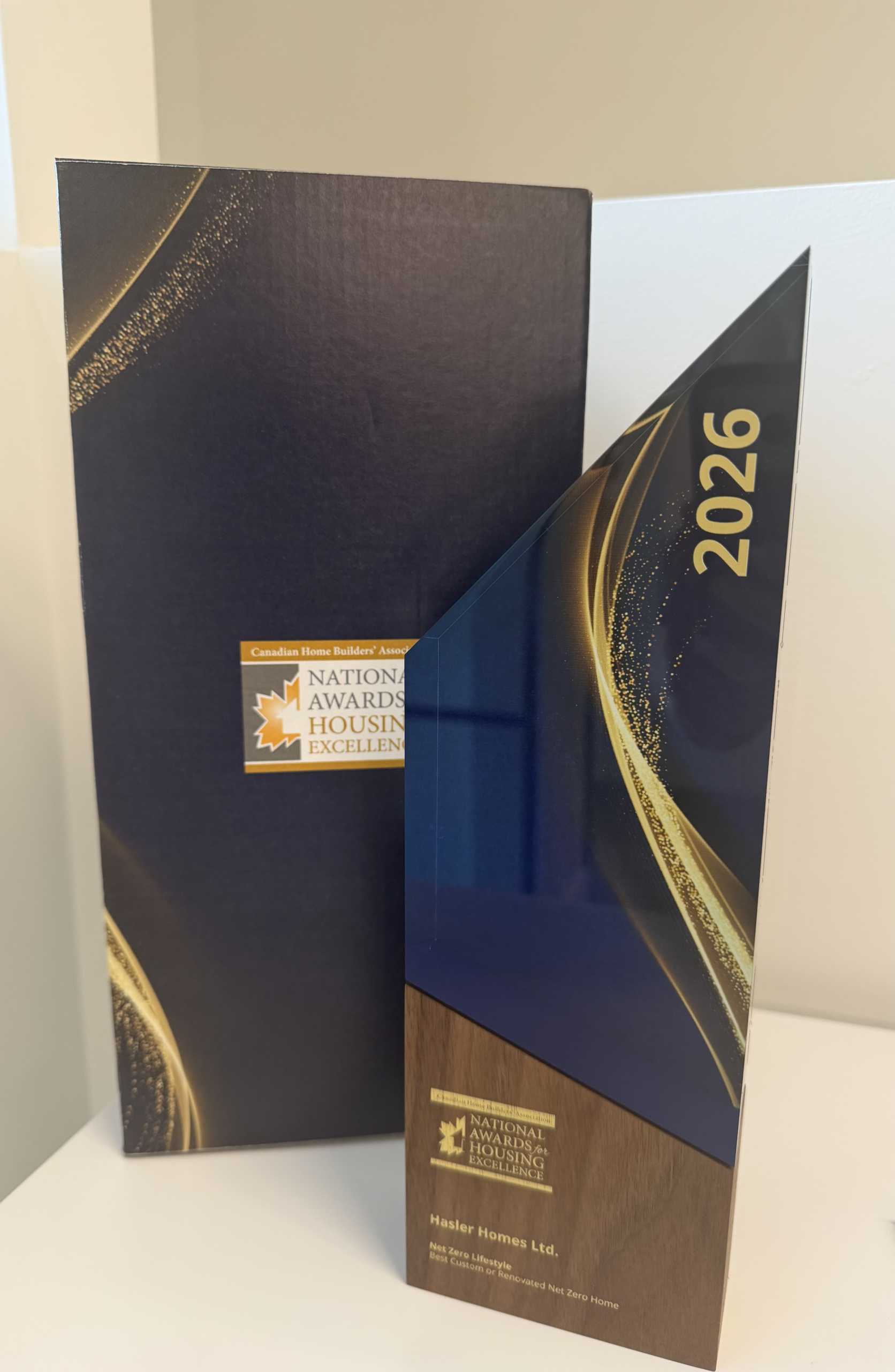 Hasler Homes’ CHBA National Awards trophy for Best Custom or Renovated Net Zero Home