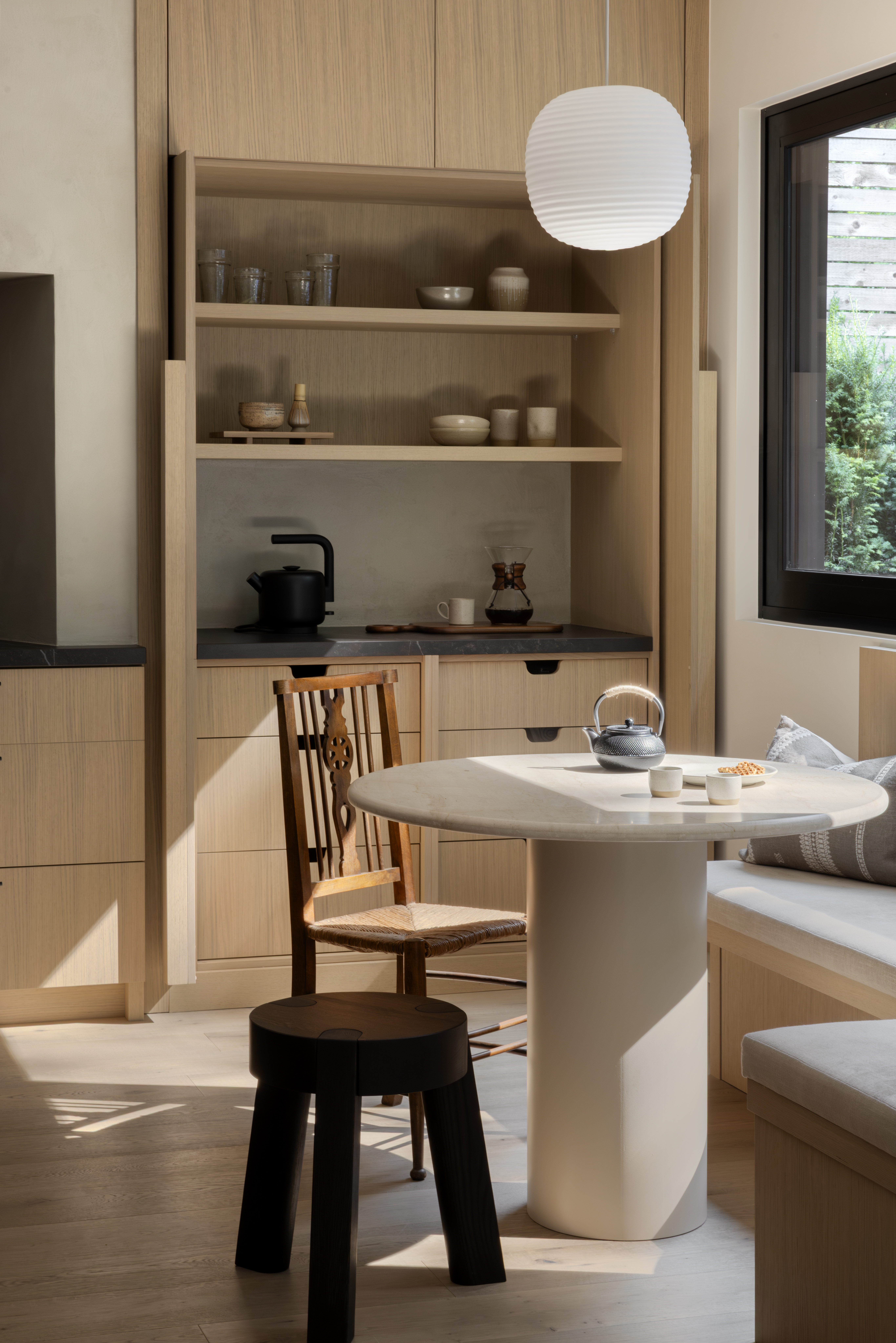 Breakfast nook in Japandia's Japandi kitchen in North Vancouver