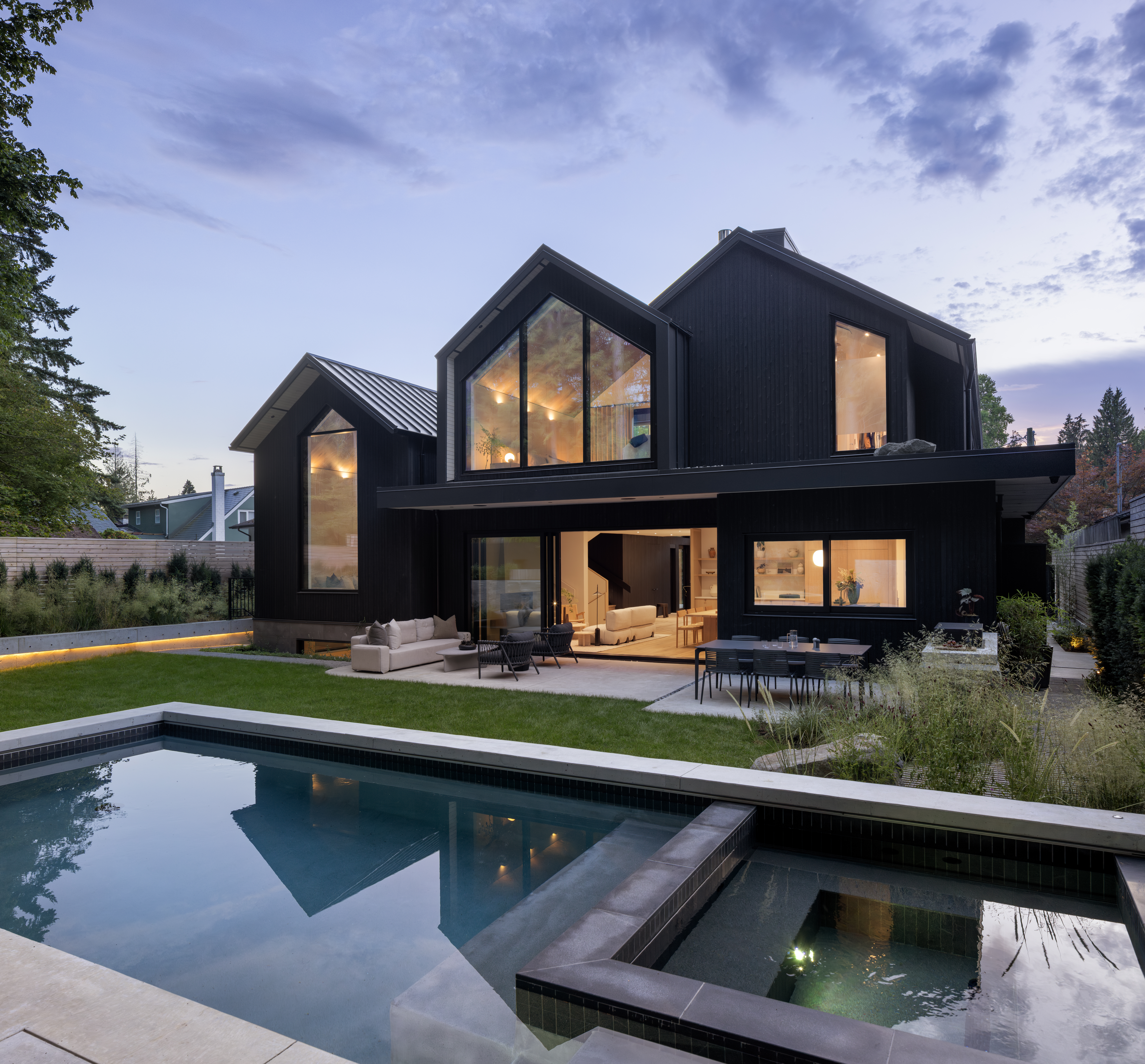Japandia backyard with pool, hot tub and outdoor kitchen in North Vancouver