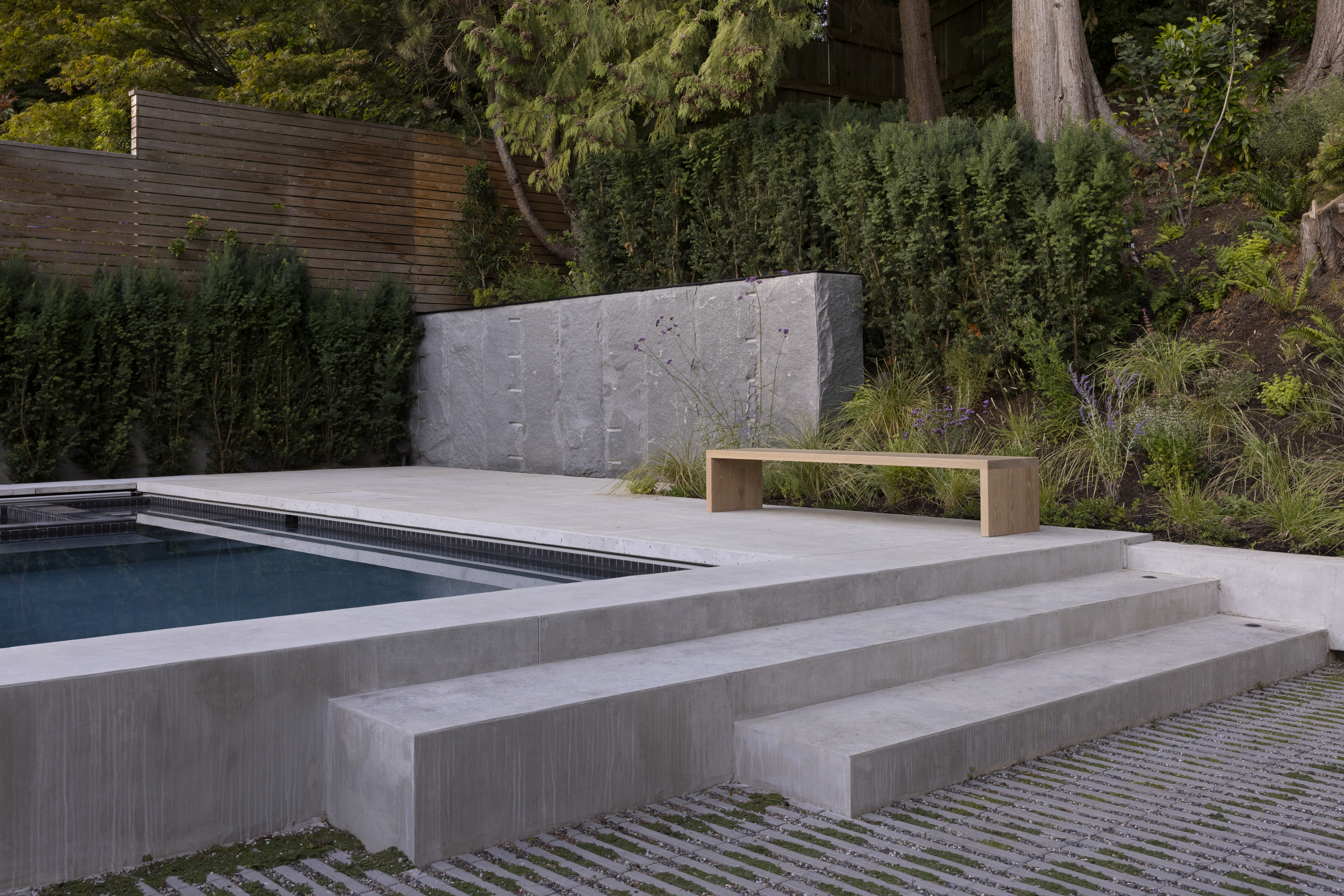 Backyard pool and integrated hot tub at Japandia in North Vancouver