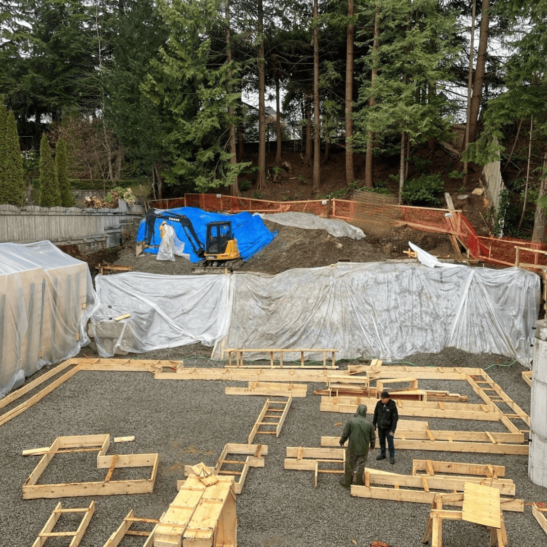 Site preparation and shoring before footings for custom Japandi home in North Vancouver